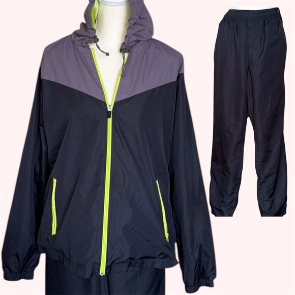 BCG Gray Black Neon Green Hooded Jacket & Pants Wind Tracksuit Unisex Sz L - Picture 1 of 14